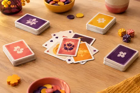 Cartes en carton disposées en piles sur une table de jeu en bois clair.
