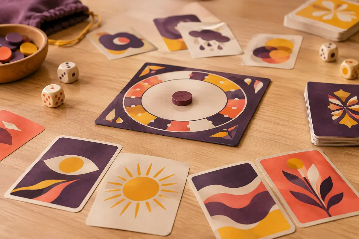 Plateau en carton, jeton et cartes d’un jeu d’association d’idées sur une table en bois clair.