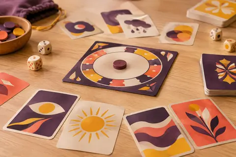 Plateau en carton, jeton et cartes d’un jeu d’association d’idées sur une table en bois clair.