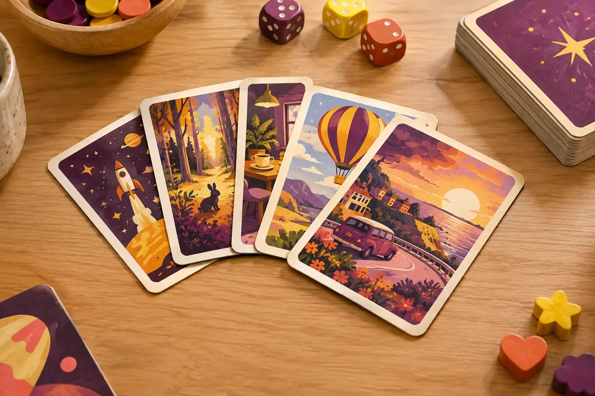 Cartes illustrées du jeu Speech disposées sur une table en bois clair, dans une ambiance chaleureuse.