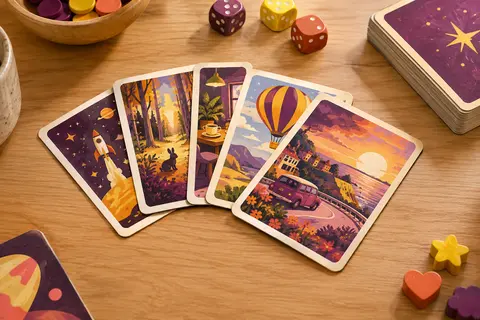 Cartes illustrées du jeu Speech disposées sur une table en bois clair, dans une ambiance chaleureuse.