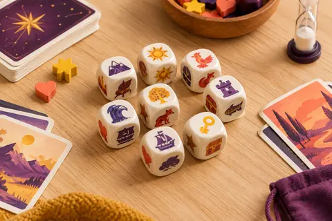 Neuf dés illustrés du jeu Story Cubes Harry Potter disposés sur une table de jeu en bois clair.