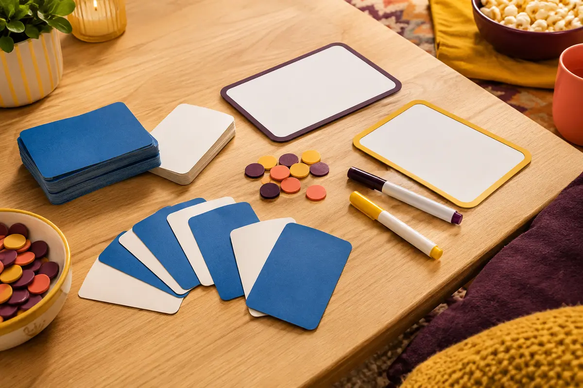 Cartes bleues et blanches, feutres effaçables et jetons d’un jeu de devinettes sur une table
