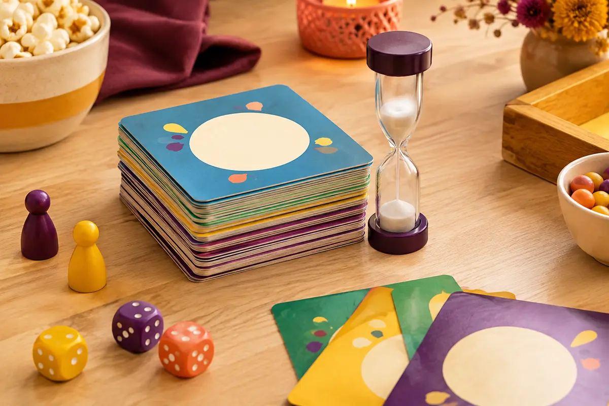 Jeu de cartes compact aux tons colorés avec un sablier, posé sur une table en bois clair.