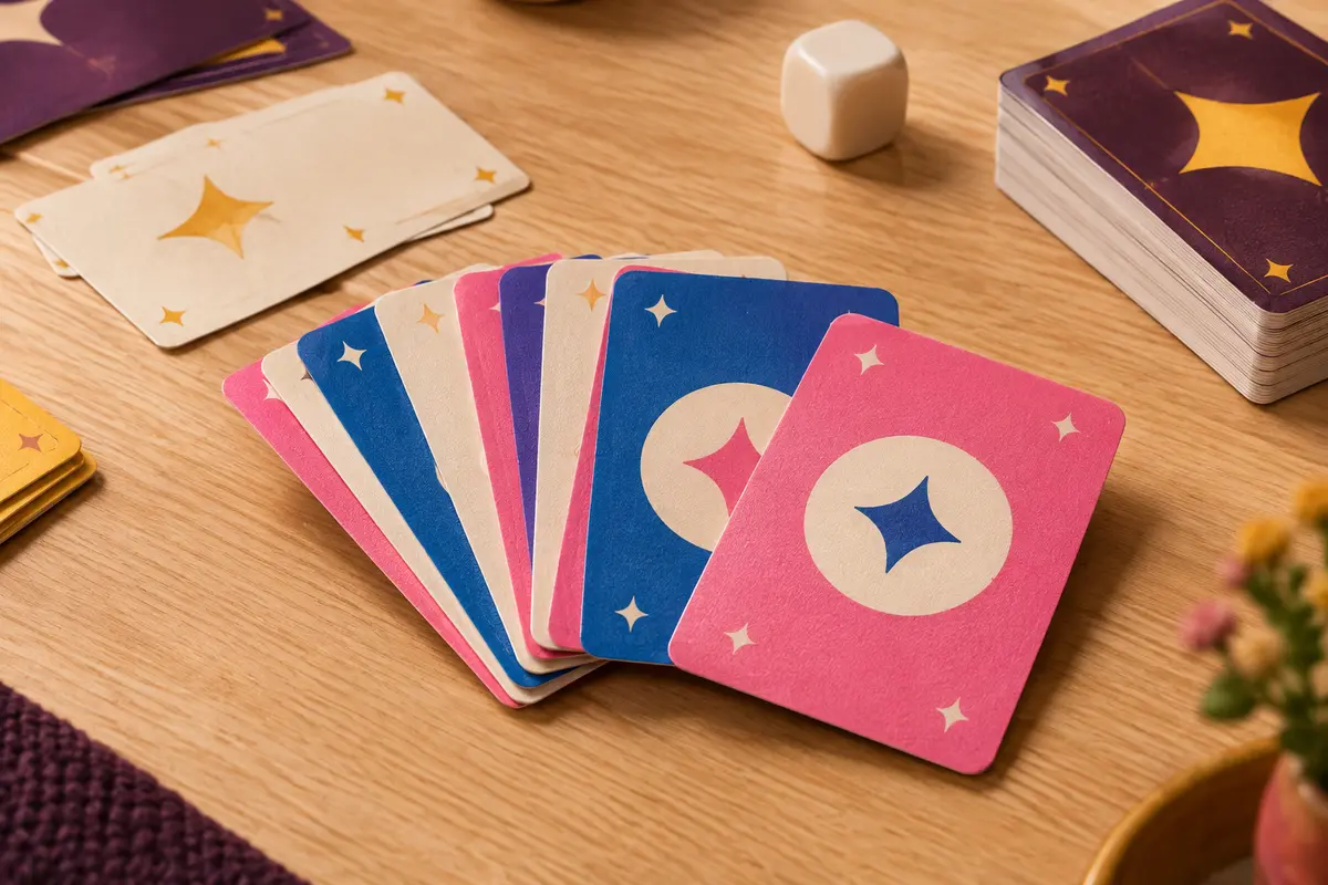 Jeu de quiz compact aux cartes bleues et roses posé sur une table de jeu en bois clair.