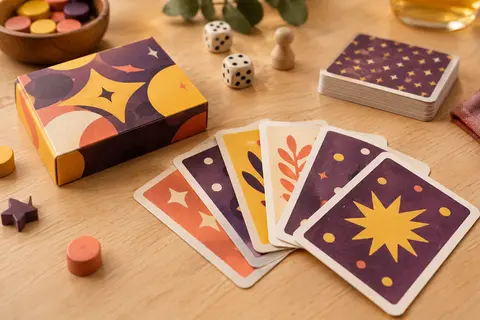 Cartes de jeu multicolores étalées sur une table en bois clair, avec un paquet compact à proximité.
