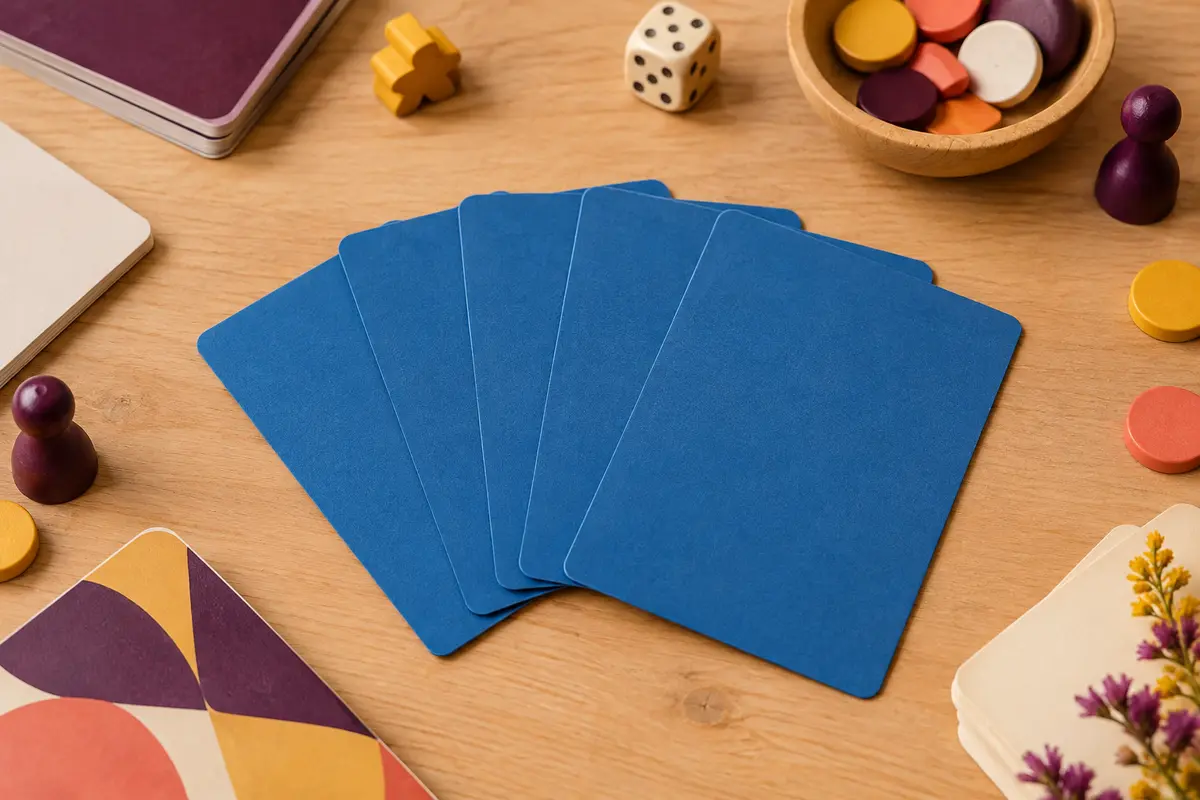 Cartes bleues en papier cartonné disposées sur une table de jeu en bois clair