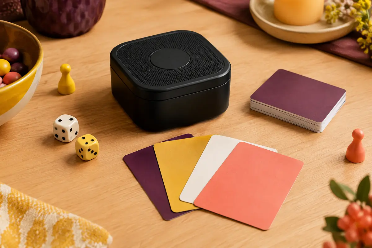 Boîte noire de jeu musical et cartes posées sur une table en bois clair aux couleurs chaleureuses.