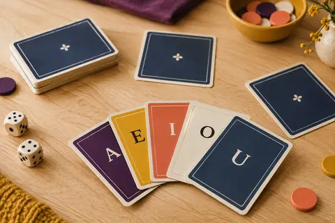 Cartes de jeu de lettres bleu foncé disposées sur une table en bois clair