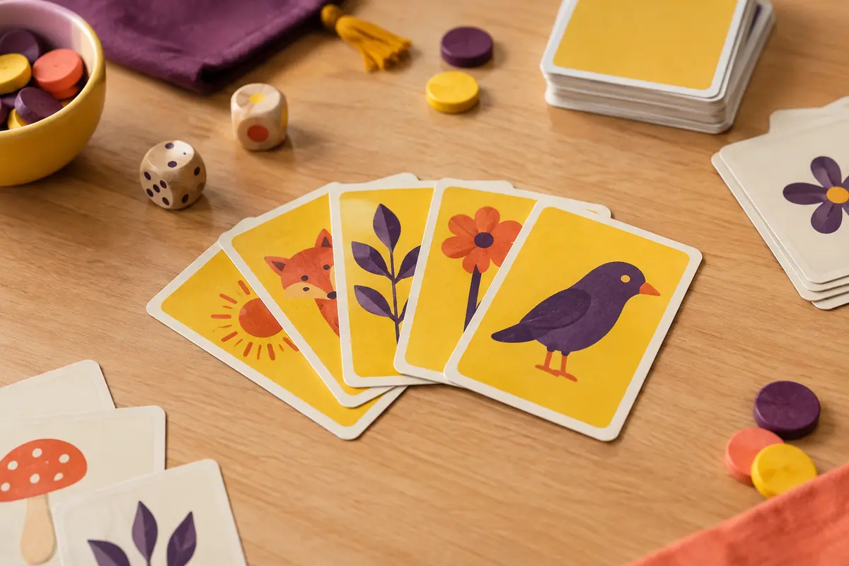 Cartes illustrées aux accents jaunes disposées sur une table en bois clair pour un jeu de rapidité.