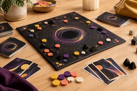 Jeu de quiz noir avec plateau carré, cartes et jetons sur une table en bois clair