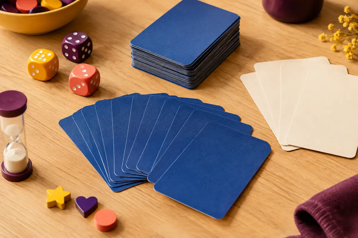 Cartes de jeu bleues étalées sur une table en bois clair, avec quelques accessoires colorés.