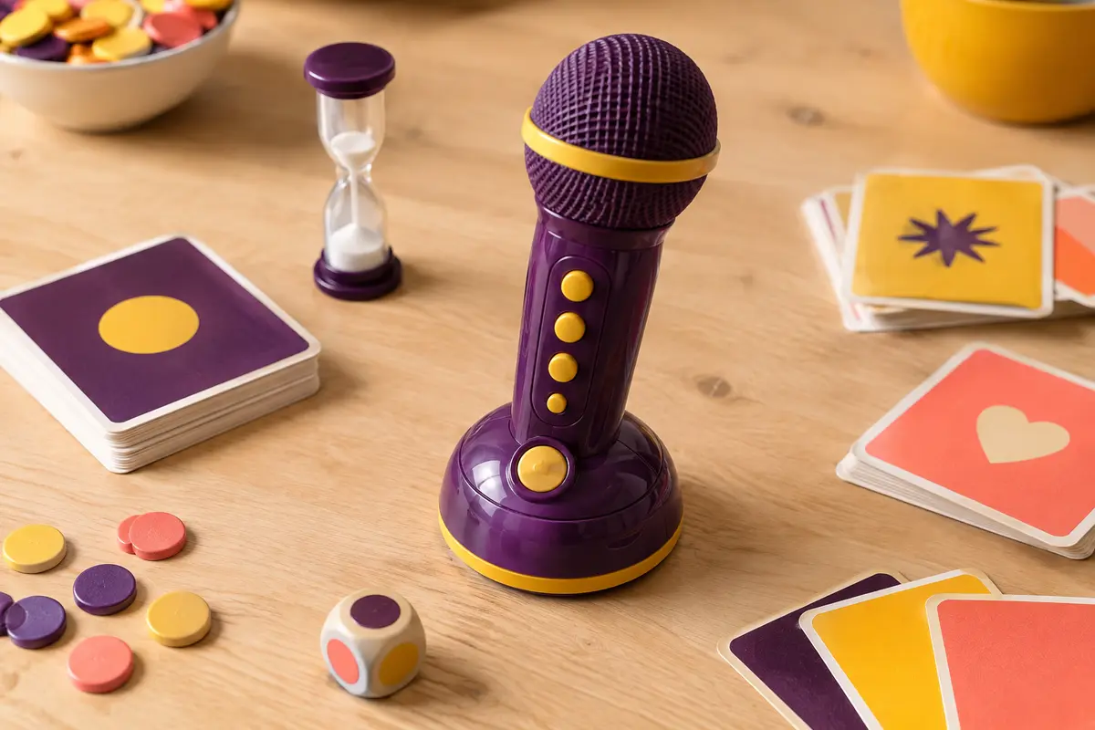 Micro électronique de blind test posé sur une table de jeu en bois clair avec des cartes et des accessoires