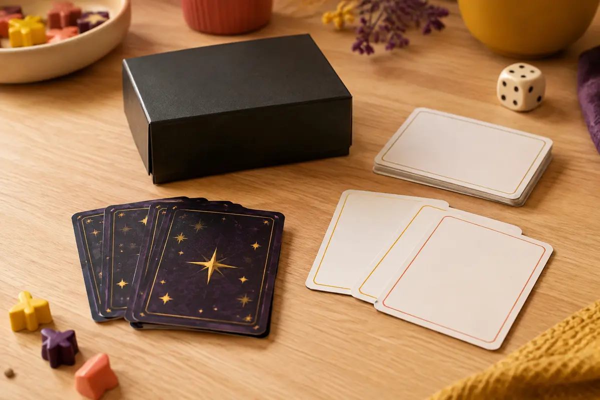 Boîte de jeu noire et cartes en carton disposées sur une table en bois clair.