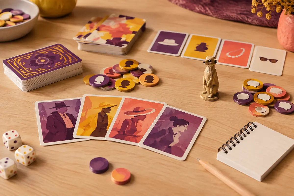 Cartes multicolores, jetons, bloc-notes et figurine de mangouste sur une table de jeu en bois clair