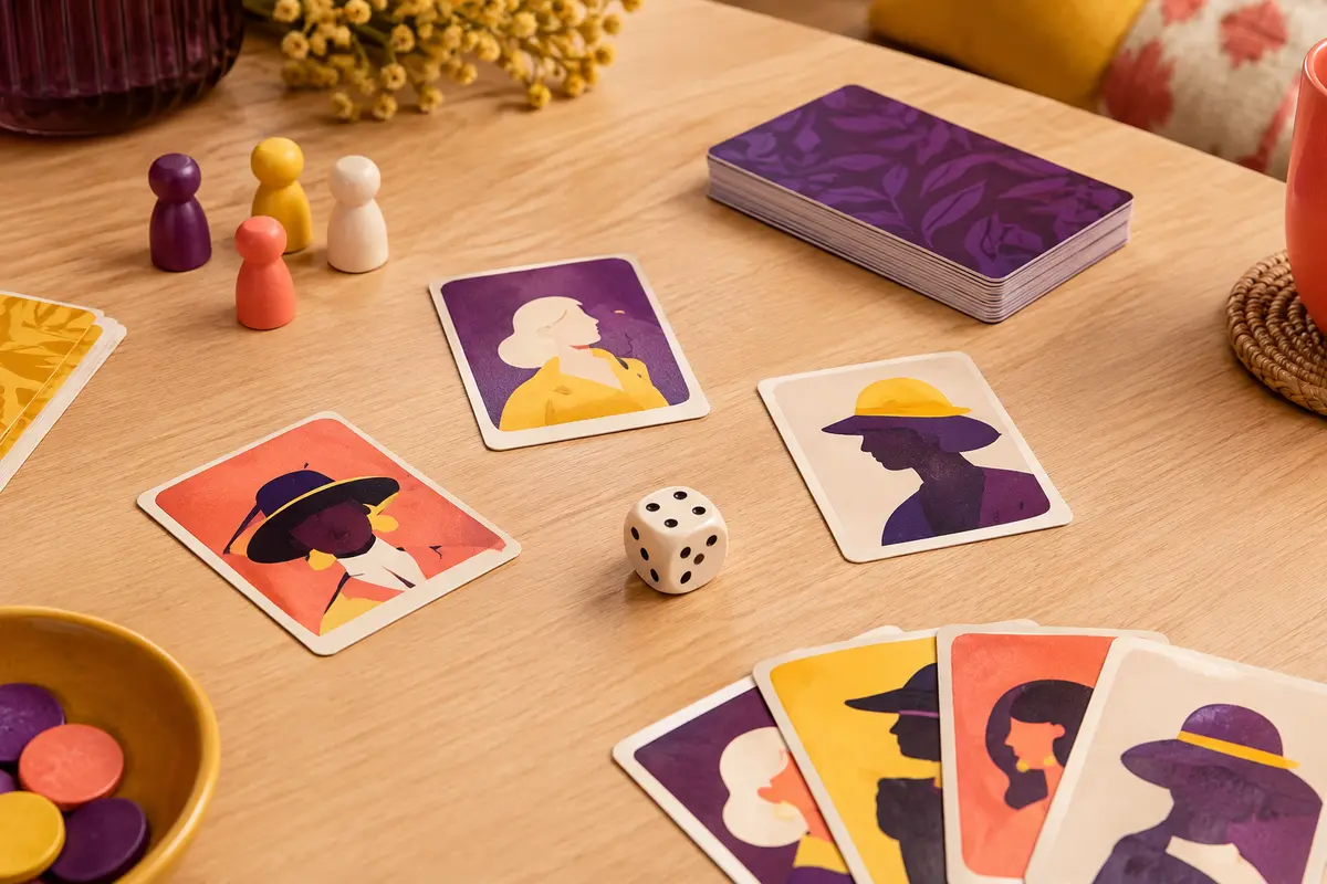 Cartes et dé d’un jeu de déduction sociale posés sur une table en bois clair