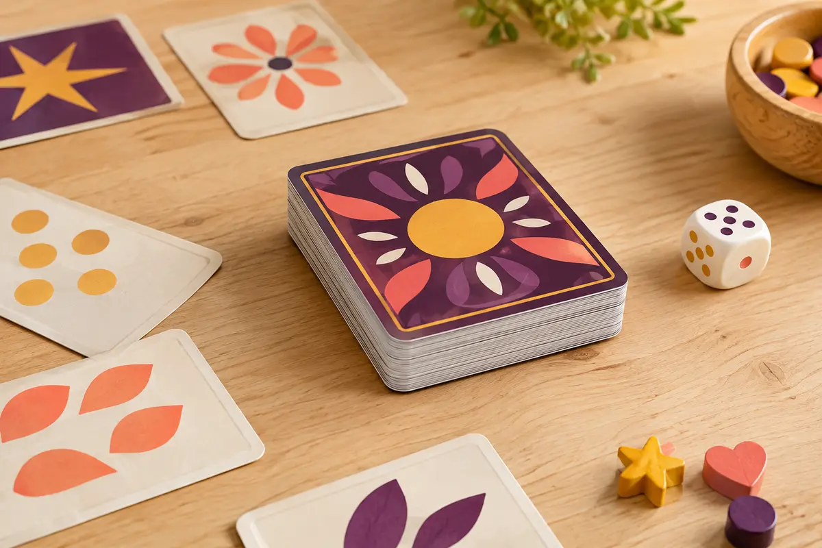 Petit jeu de cartes multicolore posé sur une table en bois clair avec des accessoires ludiques