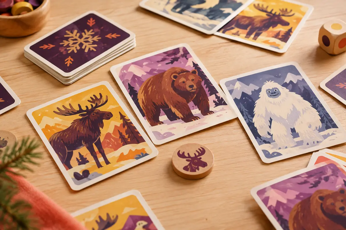 Cartes multicolores d’animaux nordiques et jeton élan disposés sur une table en bois clair