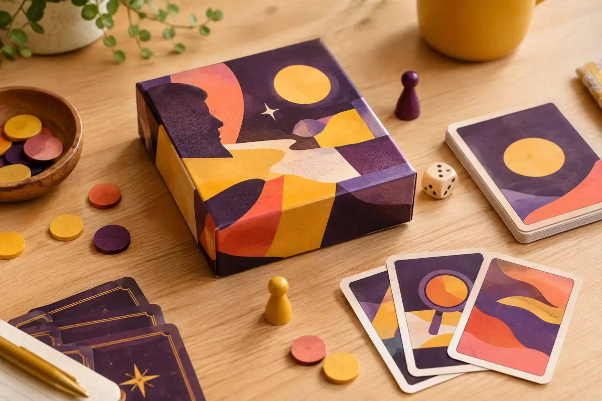 Boîte de jeu d’enquête en carton et accessoires anonymes sur une table en bois clair