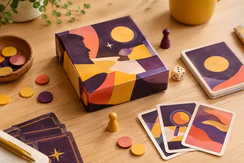 Boîte de jeu d’enquête en carton et accessoires anonymes sur une table en bois clair