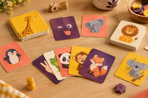 Cartes multicolores illustrées de grimaces, de gestes et d’animaux posées sur une table en bois clair.