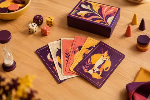 Boîte compacte et cartes multicolores d’un jeu de bluff posées sur une table en bois clair