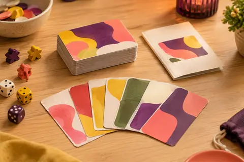 Cartes colorées et livret de règles de Crack Story posés sur une table de jeu en bois clair