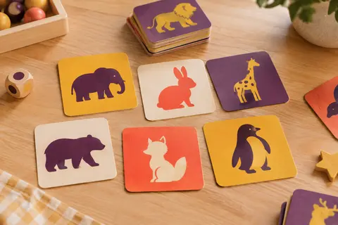 Cartes colorées de mime animalier posées sur une table en bois clair, dans une ambiance de jeu chaleureuse.