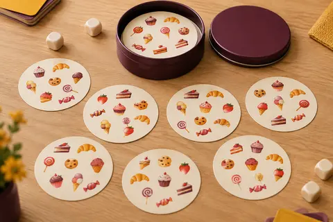 Petite boîte métal ronde aubergine et cartes rondes portant chacune huit friandises dessinées, bonbon, glace, cookie ou fraise, sur une table en bois clair