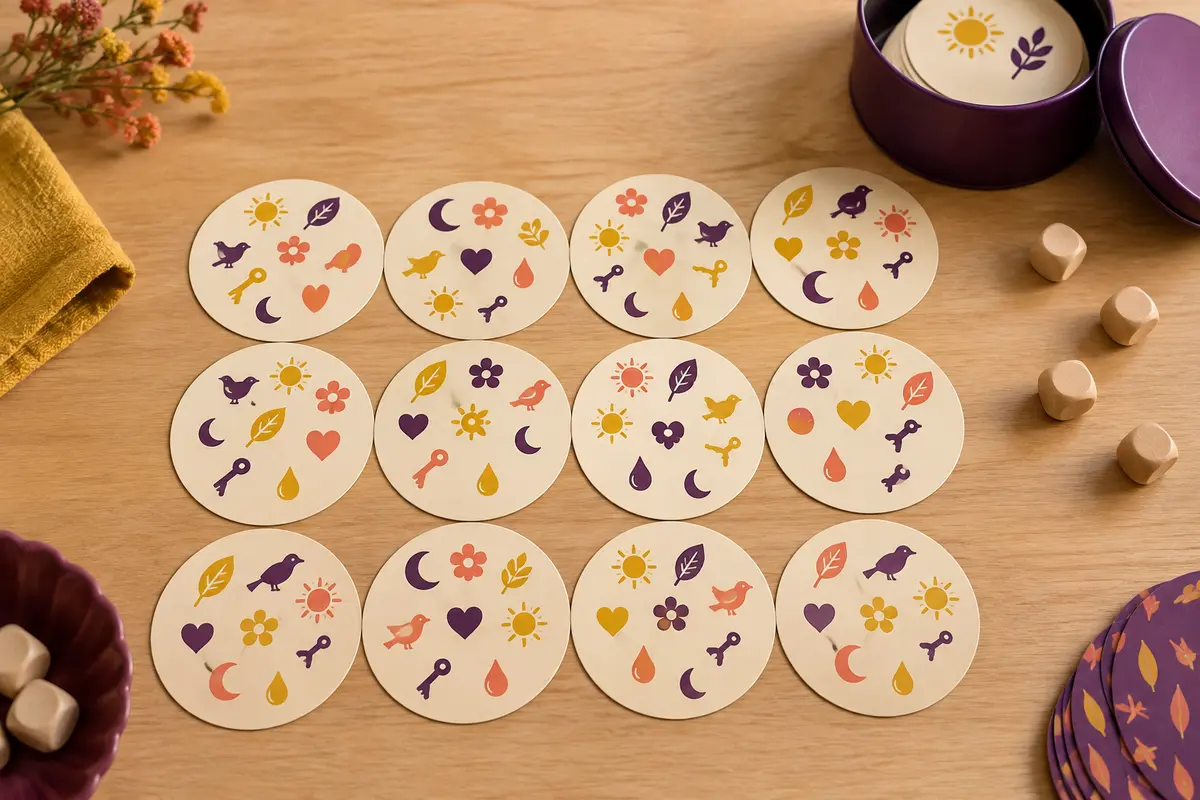 Cartes rondes portant chacune huit petits symboles, posées en grille sur une table en bois clair à côté d’une boîte métal ronde aubergine