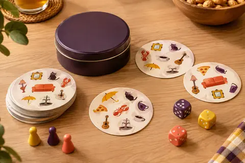 Cartes illustrées et boîte en métal du jeu Dobble Friends sur une table en bois clair