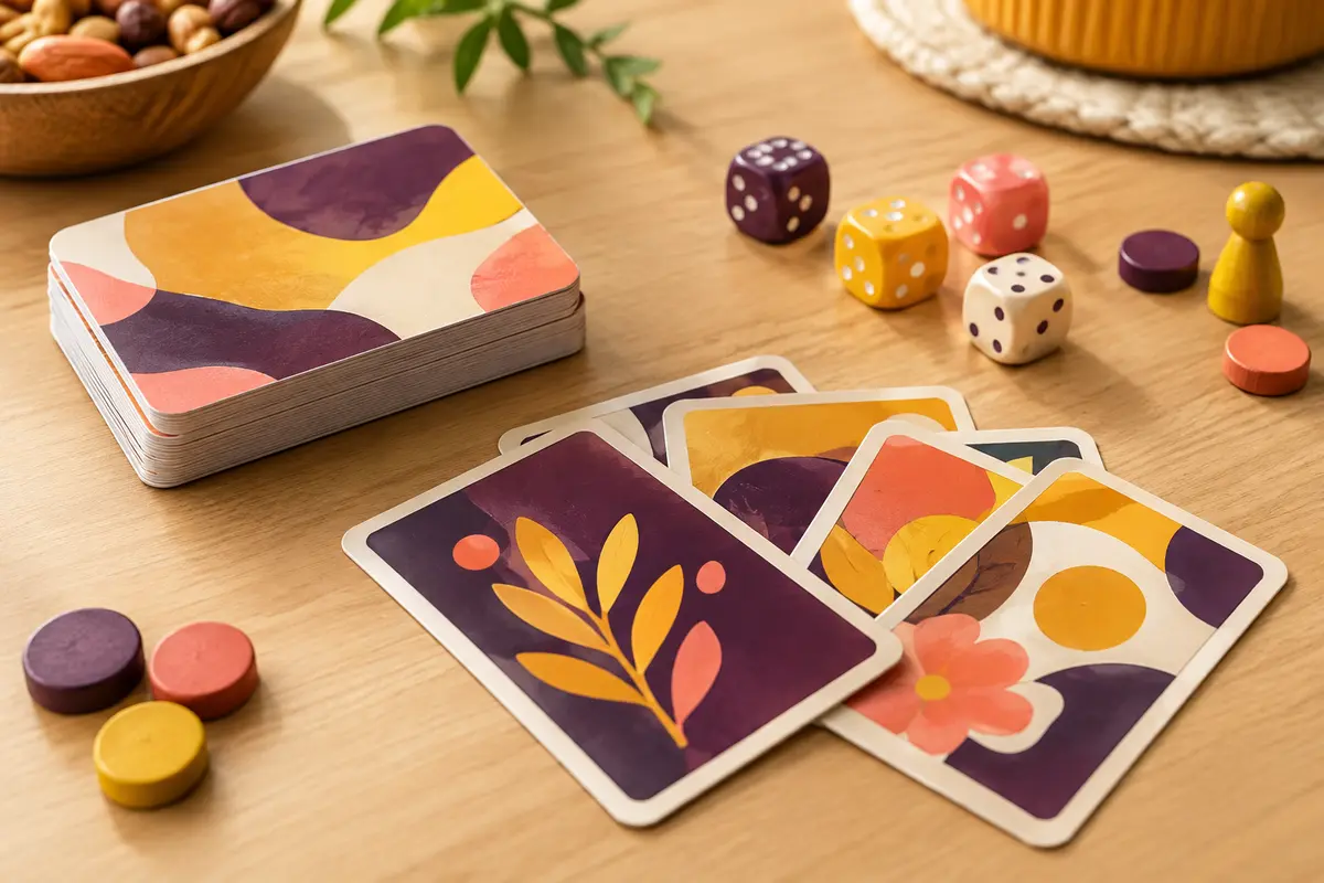 Cartes multicolores étalées sur une table en bois clair avec des dés et accessoires de jeu