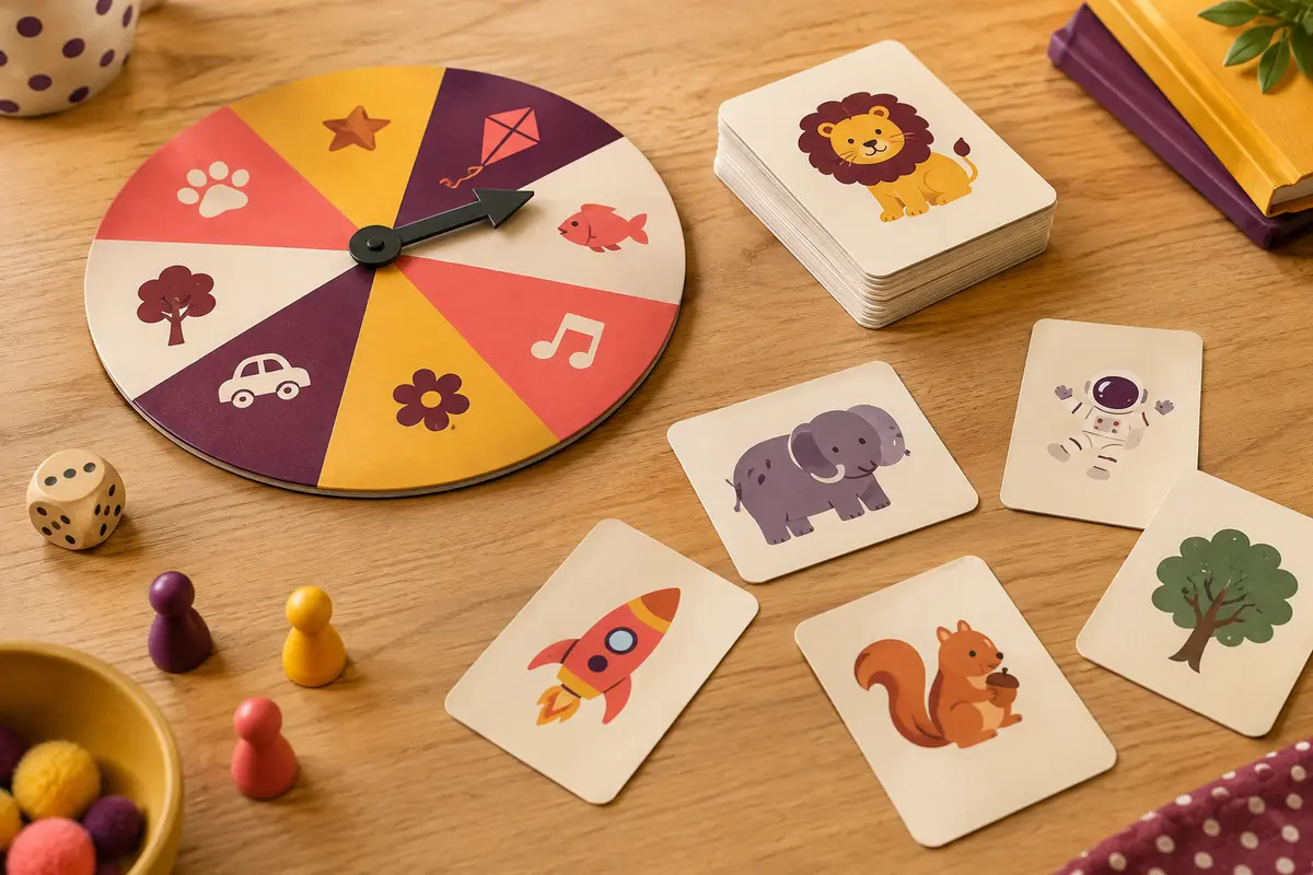 Jeu de mime avec roulette colorée et cartes illustrées posé sur une table en bois clair