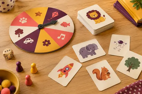 Jeu de mime avec roulette colorée et cartes illustrées posé sur une table en bois clair