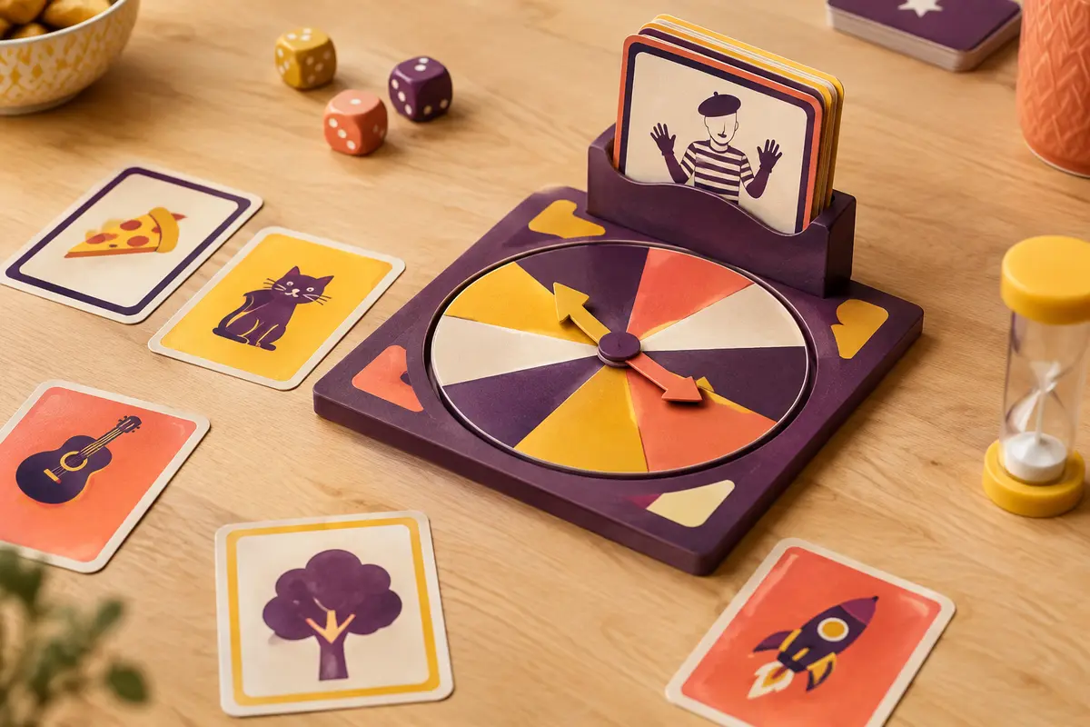 Jeu de mime en carton avec plateau à roulette, support et cartes colorées sur une table en bois clair