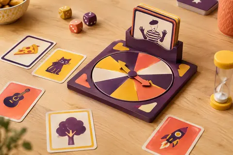 Jeu de mime en carton avec plateau à roulette, support et cartes colorées sur une table en bois clair