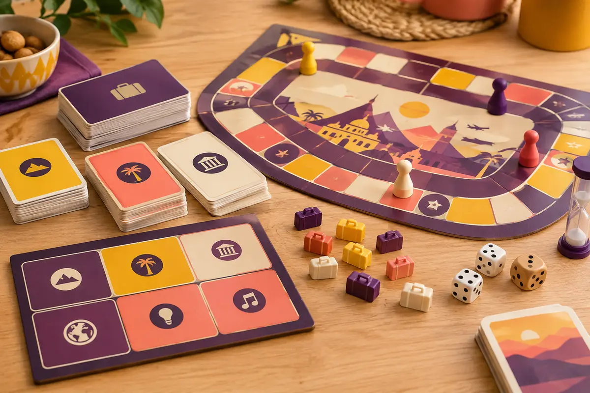 Jeu de quiz en carton avec cartes, plateaux et jetons valises sur une table en bois clair.