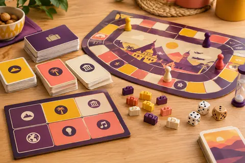 Jeu de quiz en carton avec cartes, plateaux et jetons valises sur une table en bois clair.