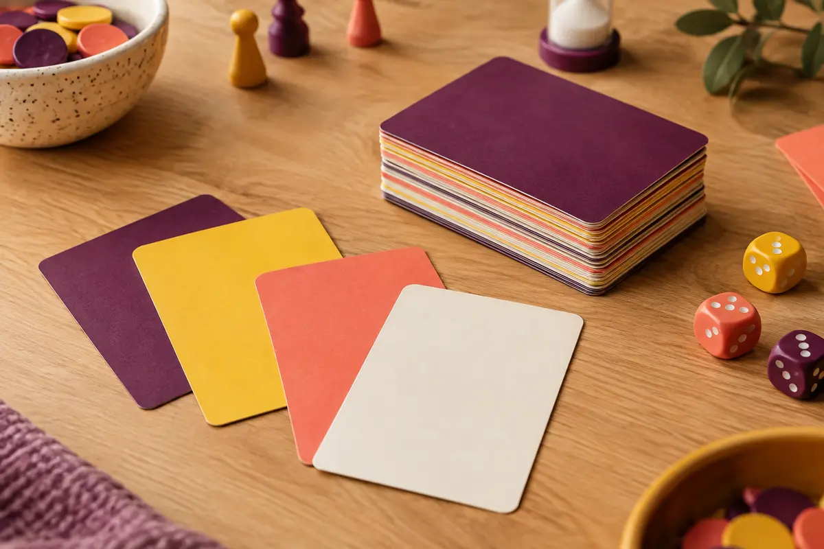Cartes multicolores d’un quiz sur les films des années 80 étalées sur une table en bois clair.