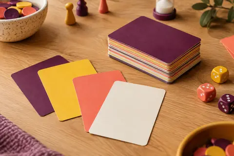 Cartes multicolores d’un quiz sur les films des années 80 étalées sur une table en bois clair.