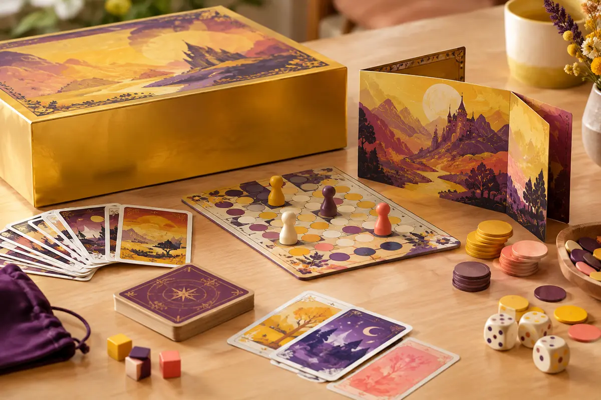 Boîte dorée de jeu de bluff avec cartes, plateau, paravent, jetons et pions en bois