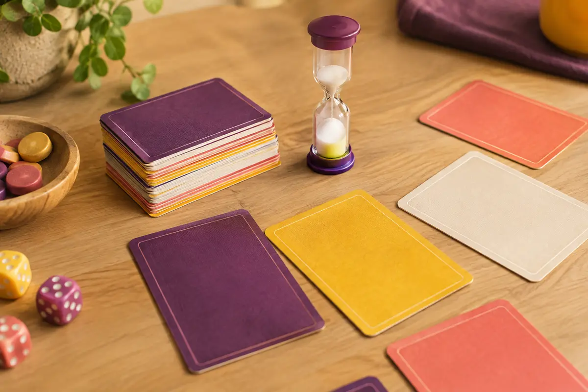 Cartes multicolores et sablier du jeu de lettres Chrono-Mots sur une table en bois clair