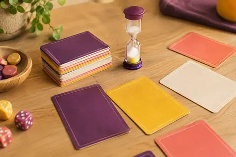 Cartes multicolores et sablier du jeu de lettres Chrono-Mots sur une table en bois clair