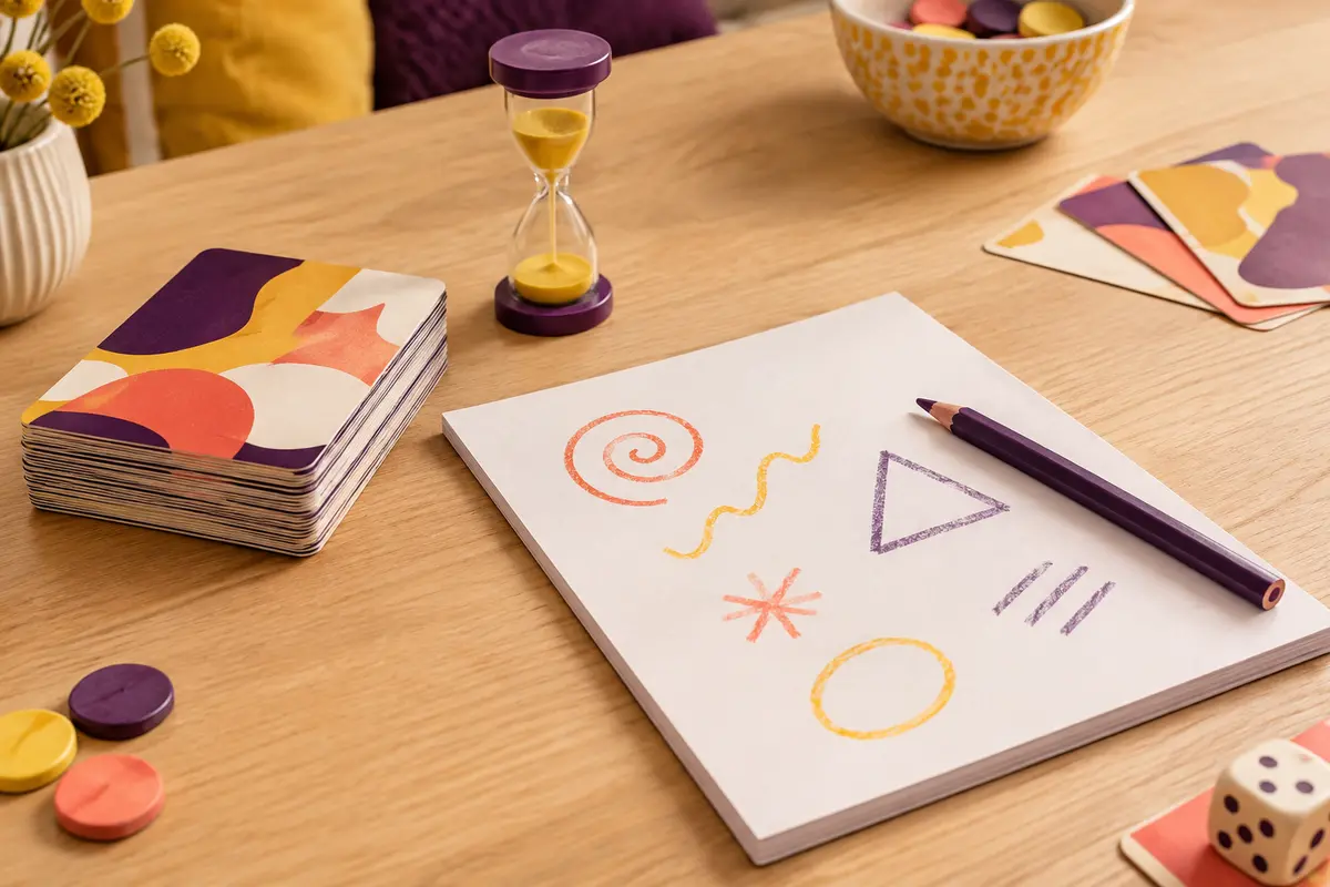 Jeu de dessin compact avec cartes, bloc, crayon et sablier posé sur une table en bois clair.