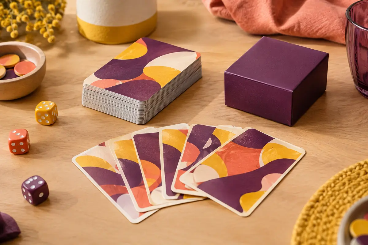 Jeu de cartes multicolores Mito posé sur une table en bois clair avec sa petite boîte compacte.
