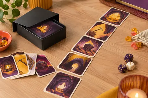 Boîte noire et cartes de Saboteur disposées en galerie sur une table de jeu en bois clair