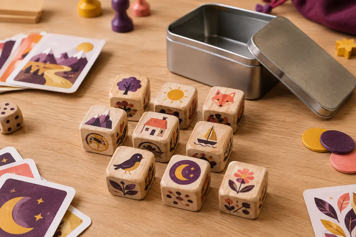 Neuf cubes à histoires en bois près de leur boîte métallique, sur une table de jeu claire