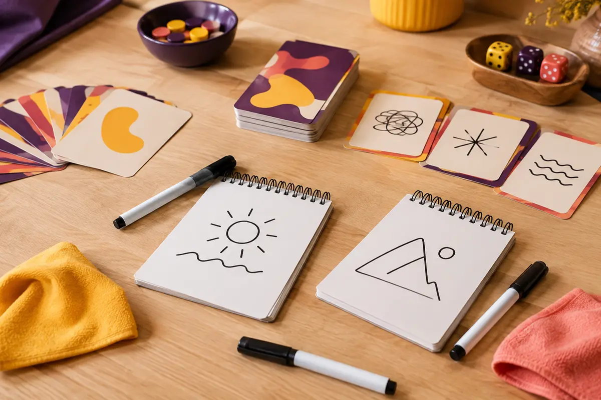 Cartes, carnets effaçables, marqueurs et chiffons d’un jeu de dessin sur une table en bois clair