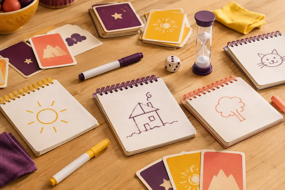 Carnets de dessin effaçables, cartes, stylos, sablier et dé réunis sur une table en bois clair