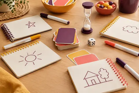 Carnets effaçables, cartes, dé et sablier réunis sur une table en bois clair pour un jeu de dessin.